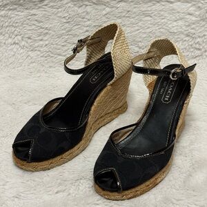 Coach Kimmy Black Canvas and Leather Trim Wedge Sandals